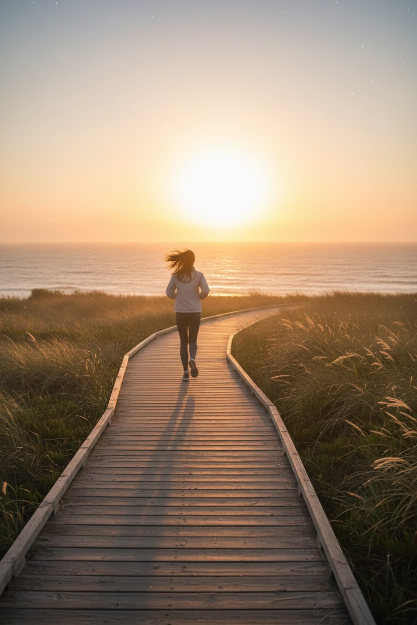 A person walking along a quiet Sydney coastal path in early morning light