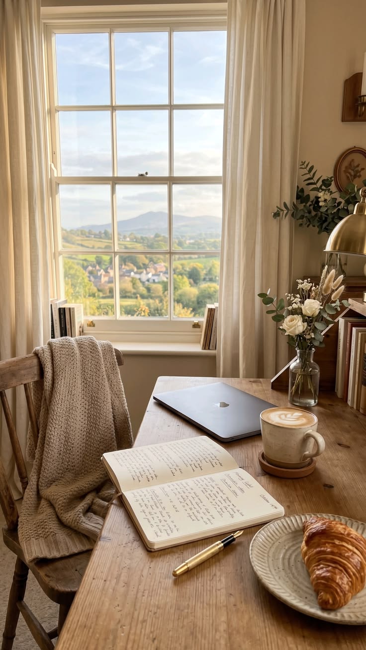 An open notebook and pen on a wooden table beside a window, ready for a short reflection